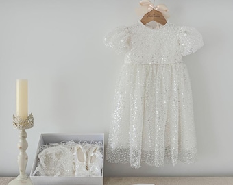 Beaded Pearl Lace Short Christening Dress Baby Girl Christening Gown Outfit Christening Gift Box Baptism Dress Newborn Baby Gift