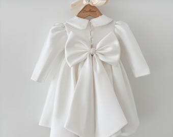 Vestido curto de batizado com mangas compridas e mikado pérola, roupa de batizado, vestido de batizado, vestido de menina, vestido de florista, vestido de comunhão
