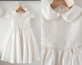 Peter Pan Collar Pearl Lace Mikado Short Christening Dress Christening Gown Outfit Baptism Dress Baby Girl Dress Flower Girl Dress
