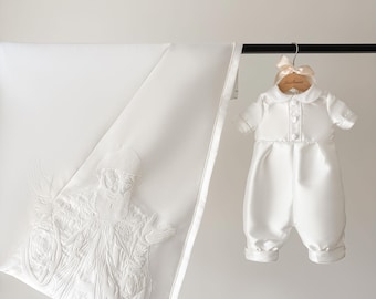 Mikado Boys Christening Gown Baptism Outfit Christening Romper Cape Newborn Baby Gift Heirloom Gown Saint Charbel Cross Embroidery