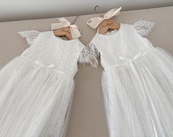 Short Sleeves Beaded Chantilly Lace Christening Dress Christening Gown Baptism Dress Baby Girl Dress Blessing Dress Pleated Tulle