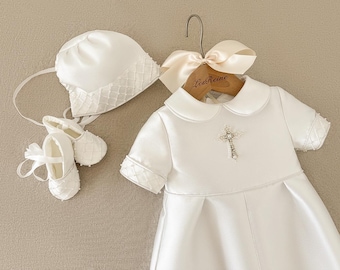 Mikado Beaded Pearl Lace Boys Christening Gown Baptism Outfit Baby Boy Romper Newborn Baby Gift Heirloom Gown Embroidery Pearl Cross