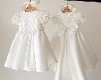 Beaded 3D Lace Mikado Short Hi Low Christening Dress Christening Gown Baptism Dress Christening Outfit Baby Girl Dress Flower Girl Dress