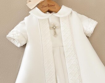Mikado Boys Christening Gown Baptism Outfit Baby Boy Romper Cape Newborn Baby Gift Heirloom Gown Embroidery Pearl Beaded Cross