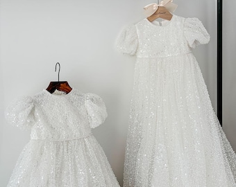 Beaded Pearl Lace Christening Dress Baby Girl Long Christening Gown Outfit Christening Gift Box Christening Bib Candle Bow Baptism Dress