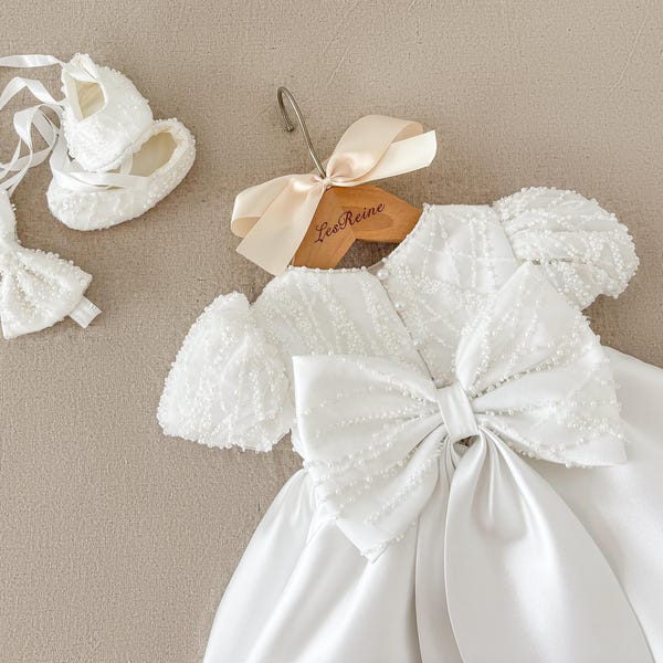 Short Sleeves Pearl Lace Mikado Christening Dress Christening Gown Outfit Baptism Dress Baby Girl Dress Flower Girl Dress Communion Dress