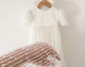 Short Sleeves Pearl Lace Christening Dress Baby Girl Christening Gown Outfit Baptism Dress Newborn Dress Blessing Dress/Bonnet/Booties