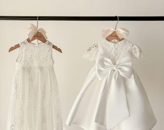 Short Sleeves Pearl Lace Mikado Pini Set 2pcs Christening Dress Christening Gown Outfit Baptism Dress Baby Girl Dress Detachable Lace Skirt