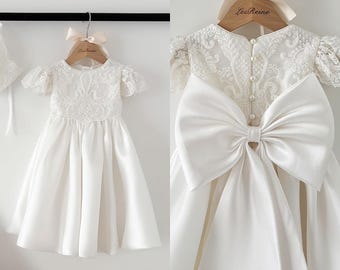 Short Sleeves Beaded Lace Mikado Short Christening Dress Christening Gown Outfit Baptism Dress Baby Girl Dress Flower Girl Dress