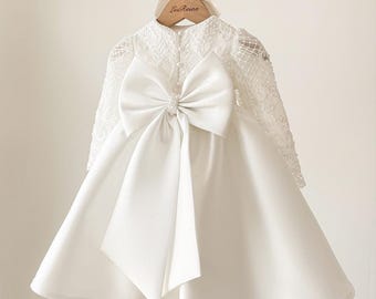 Long Sleeves Beaded Lace Mikado Short Christening Dress Christening Gown Outfit Baptism Dress Baby Girl Dress Flower Girl Dress/Bow