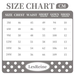 May include: Size chart in centimeters for baby clothes. The chart shows measurements for chest, waist, short length, gown length, and shoes length for sizes 3M, 6M, 9M, 12M, 18M, and 24M.