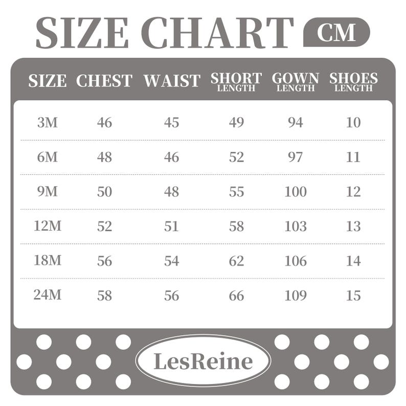 May include: Size chart in centimeters for baby clothes. The chart shows measurements for chest, waist, short length, gown length, and shoes length for sizes 3M, 6M, 9M, 12M, 18M, and 24M.