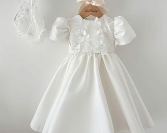 3D Pearl Lace Mikado Short Christening Dress Christening Gown Outfit Christening Gift Box Baptism Dress Baby Girl Dress Flower Girl Dress