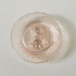 Vintage Mosser Glass Miniature 1.75&quot; Plate | All The World Loves A Clown | Pee Wee | Clown Token | Transparent Pink Slag Glass