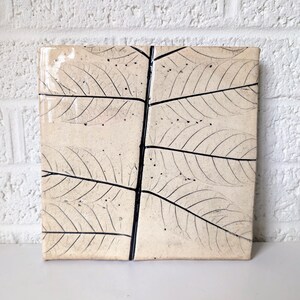 Vintage Handmade Tile with Leaf Pattern | Off-White Glaze | Wall Art