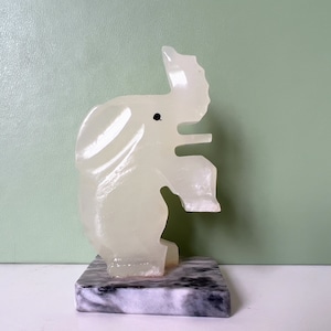Vintage Carved Stone Elephant on Marble Base