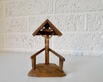 Small Vintage Wooden Roofed Altar Crucifix | INRI