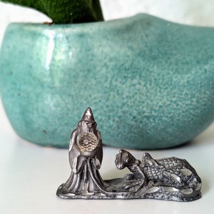 Tiny Vintage Cuter Pewter Wizard and Dragon Figurine