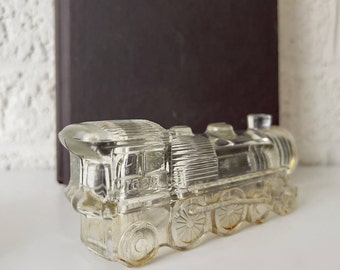 Vintage Train Shaped Pressed Glass Candy Container | Locomotive Number 1028 | Train with Rounded Plain Cowcatcher