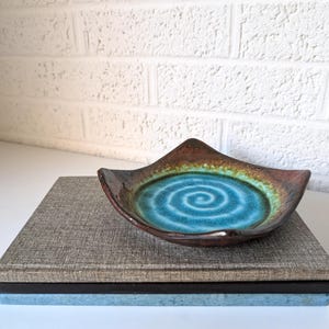 Vintage Pottery Dish, Tray, or Candle Dish | Turquoise Swirl on Rich Brown Background