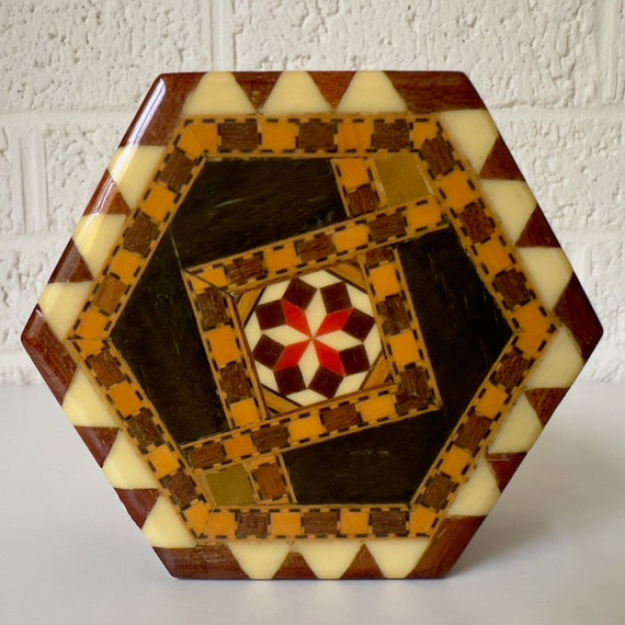 Small Vintage Spanish Marquetry Hexaganol Wooden T