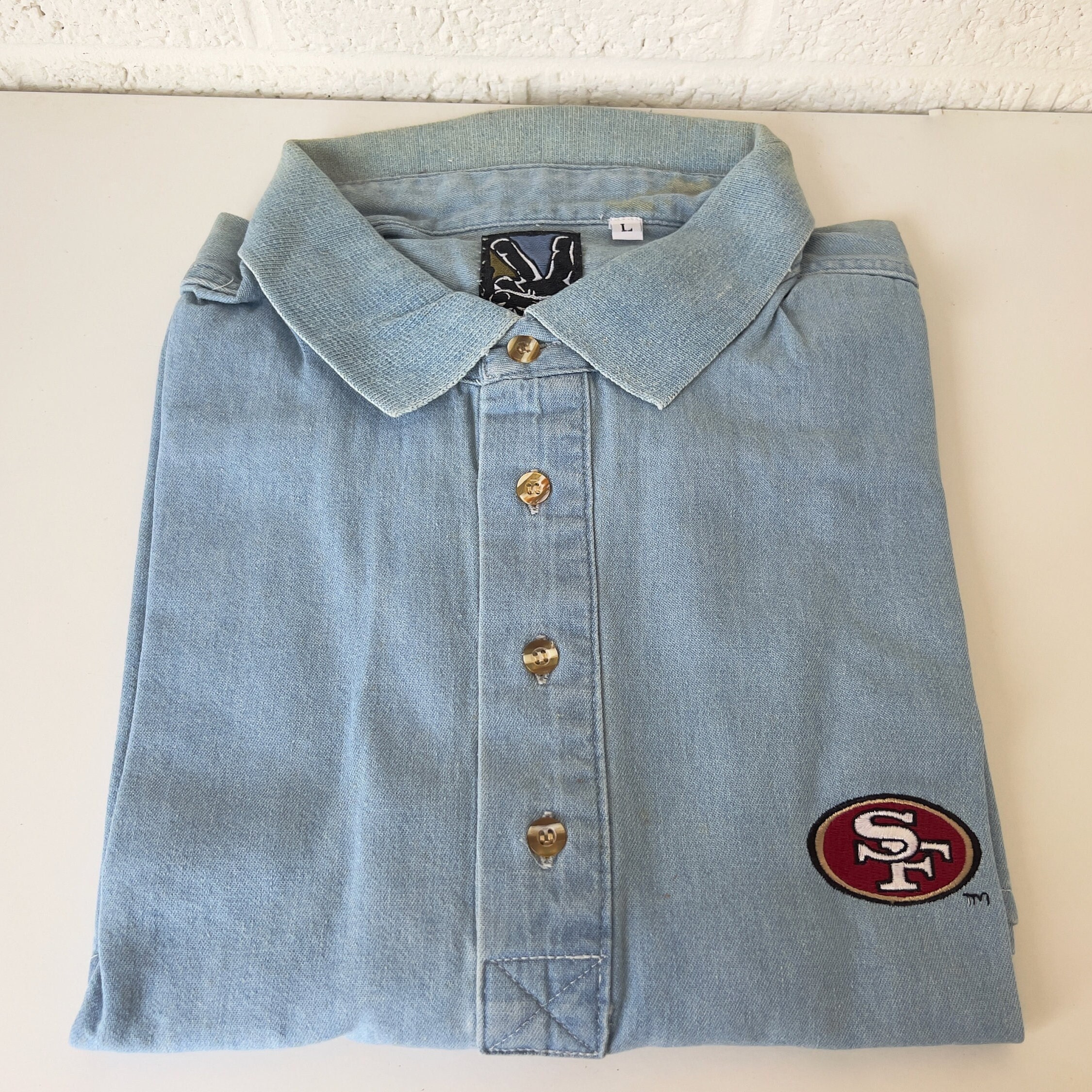 Vintage San Francisco 49ers NFL Football Chambray Style Casual Blue Denim Short Sleeve Polo Mens Large