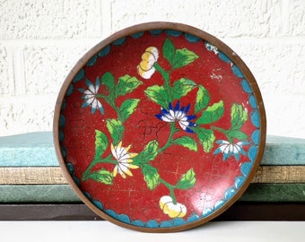 Pequeño cuenco chino vintage / Plato cloisonné / Esmalte sobre cobre / Diseño floral