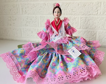 Vintage Marin Chiclana Spanish Porcelain Doll in Flower Dress, Pink Ruffles | Spanish Souvenir Doll