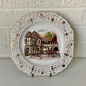 Vintage Decorative Plate | Colonial 1700s Scene with Gold Accent