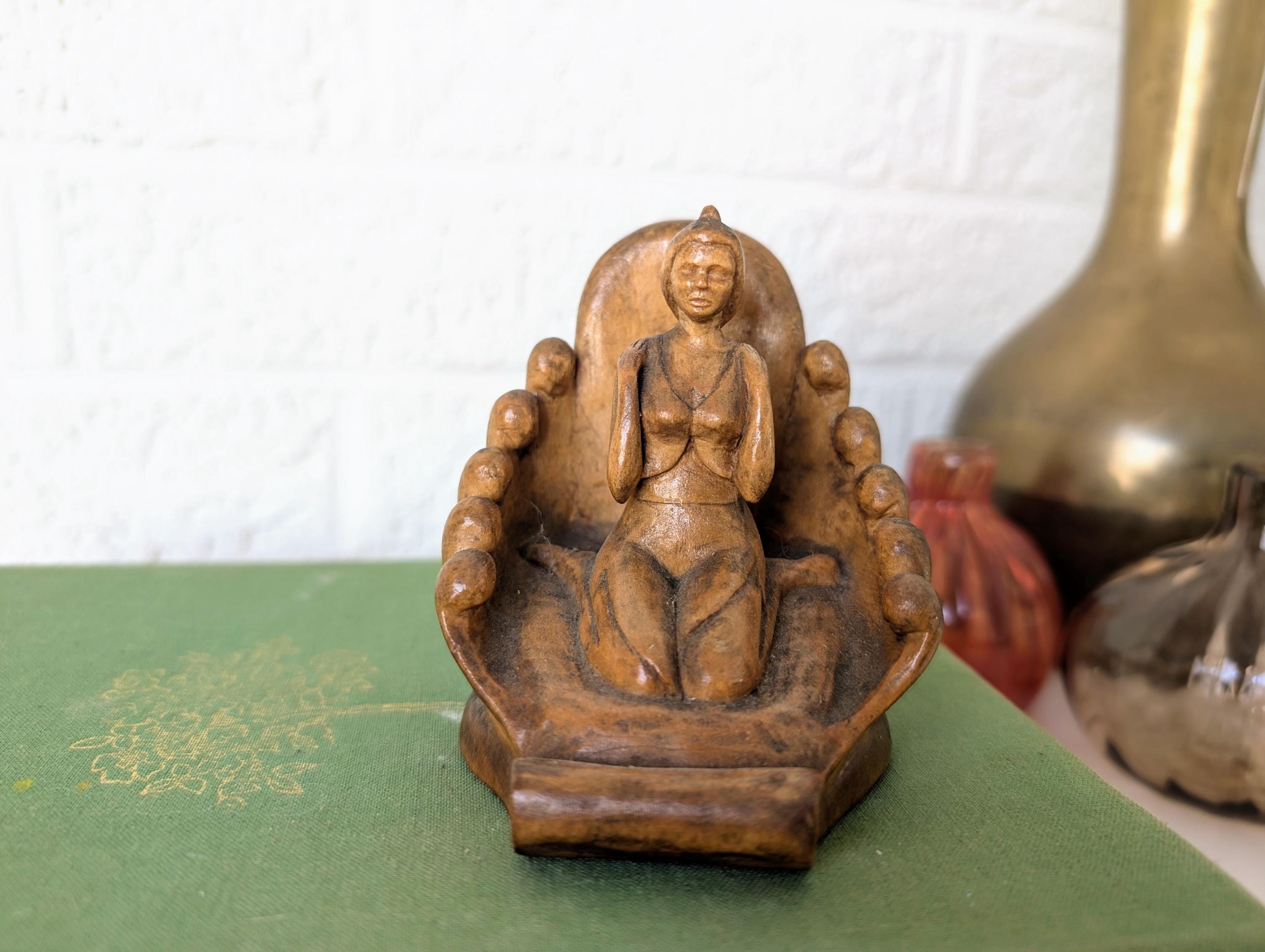 RESERVED Vintage Hand Carved Wooden Figurine of Woman in Seashell