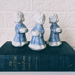 Set Three Vintage 1970s Ceramic Caroling Boy and Girls Figurines / Small Candleholders | Blue and White