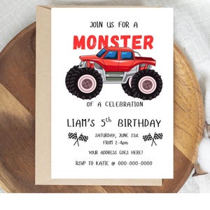 Editable Monster Truck Birthday Invitation, Monster Truck Invite, red Monster Truck Party Invite, Boys Birthday Party Invite