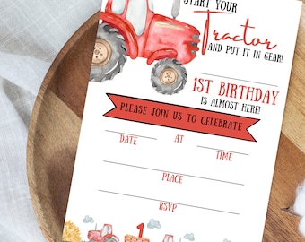 May include: Red tractor birthday invitation with a watercolor design. The invitation says "Start your tractor and put it in gear!" and "1st Birthday is almost here!" with space to fill in the date, time, place, and RSVP.
