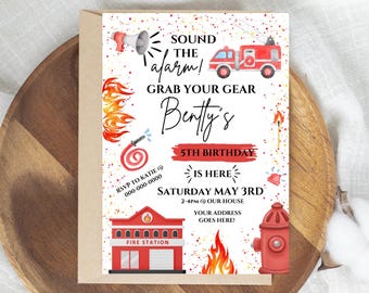 Editable Fire Truck Birthday Invitation, Canva Template (Digital Download)