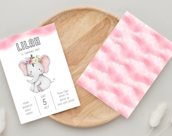 Elephant Birthday Invitation, Girl's First Birthday (Digital Download)