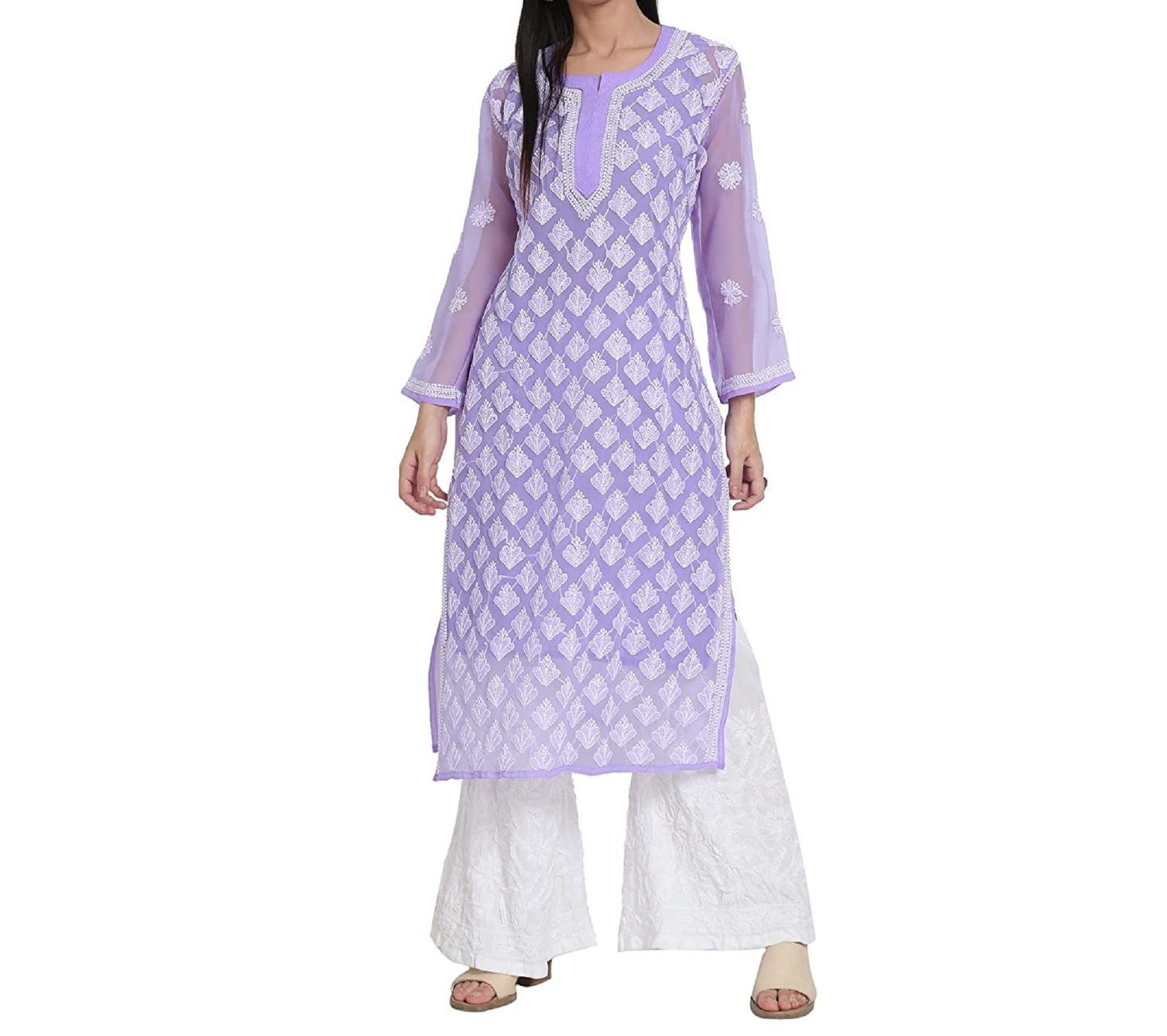 ISHIEQA's Purple Georgette Chikankari Kurti - DC1802C | Complete outfits,  Kurti neck designs, Embroidery suits design