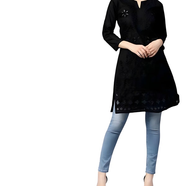 Kurta en coton pour femmes noires brodées, Kurti pour femmes, beau Kurti en coton brodé en filet Lucknowi pour dames, hauts de vêtements d’été indiens