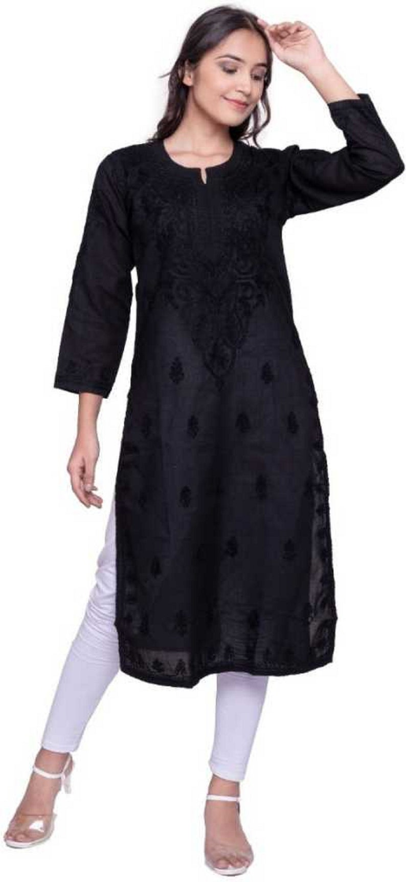 Chikankari Damen Kurta Tops für Partykleidung, Schwarze Stickerei Damen Kurta, Chikan Embraided Fancy Damen Kurta, Schwarze Baumwolle Kurta für Damen Bild 6