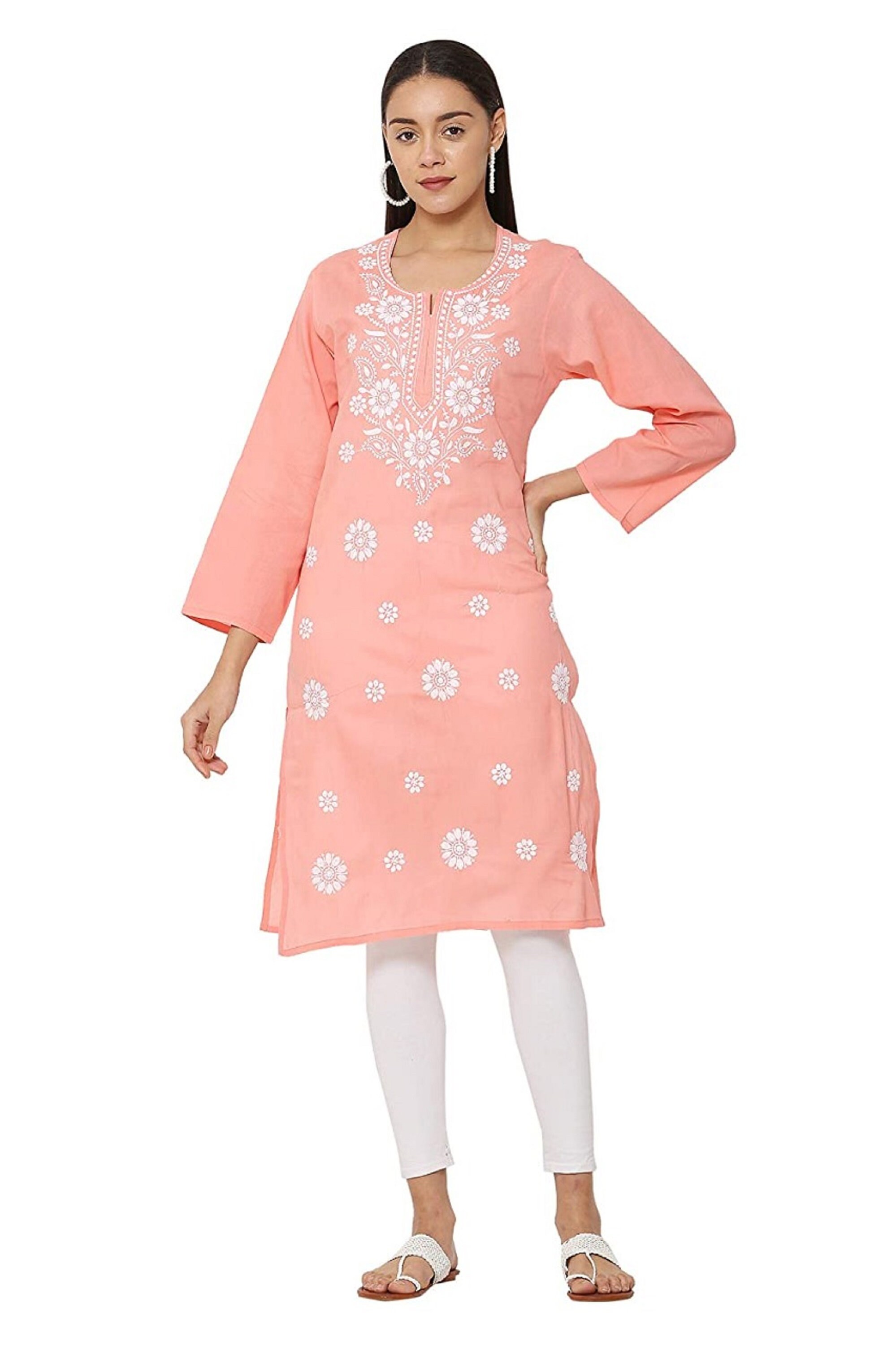 Pink Color Chikan Kurta for Women Embroidered Cotton Kurta | Etsy UK
