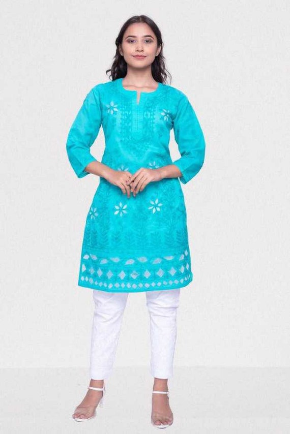 Buy Lucknow Libaas Lucknowi Chikankari Kurti/Kurta for Women - Embroidered  Heavy Gala Work Cotton Chikan Kurti (Blue, X-Large) at Amazon.in