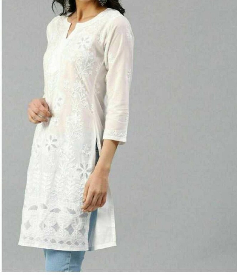 Chikan Net Embroidery Kurti and Pants, Indian Readymade Cotton Kurta