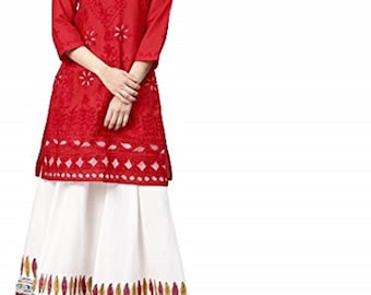 Red Kurta and White Pant Set for Women, Chikankari Net Embroidery Kurti and Pant, Indian Readymade Cotton Kurta and Pant Set for Ladies