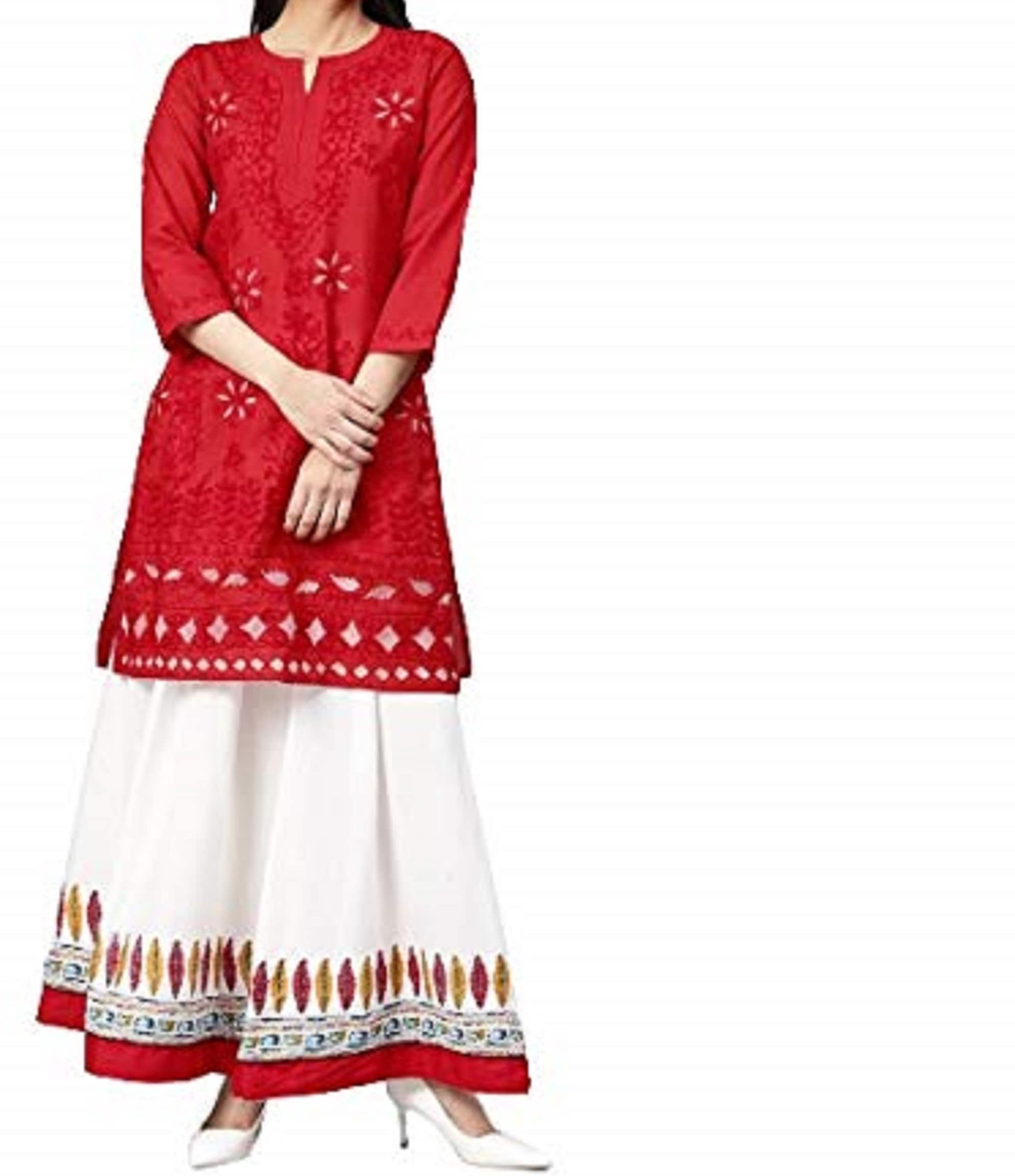Women Mirror Red Kurti Pant Set Rayon Salwar Kameez Printed Dupatta Kurta  Dress | eBay