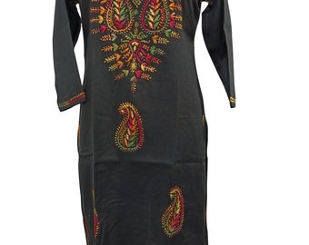 Black Multi-Color Tunic Indian Cotton Top Shirt Ethnic Embroidery Kurtis, Kashmiri Ladies Summer Long Kurta Dresss, Kurta Women Dress Kurti