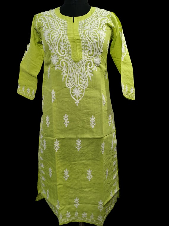 Buy Chikankari Green Straight Cotton Dress, Women's Ethnic Wear,  Traditional Party Wear Floral Embroidery Dress, Kashmiri Long Kurta for  Women Online in India - Etsy