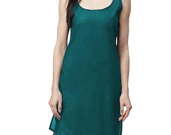 Indian Tunic Top  Women, Women Summer Indoor Daily Wear Thin cotton Inner Slips, Bottle Green Cotton Long Camisole Slips For Sheer Dresses