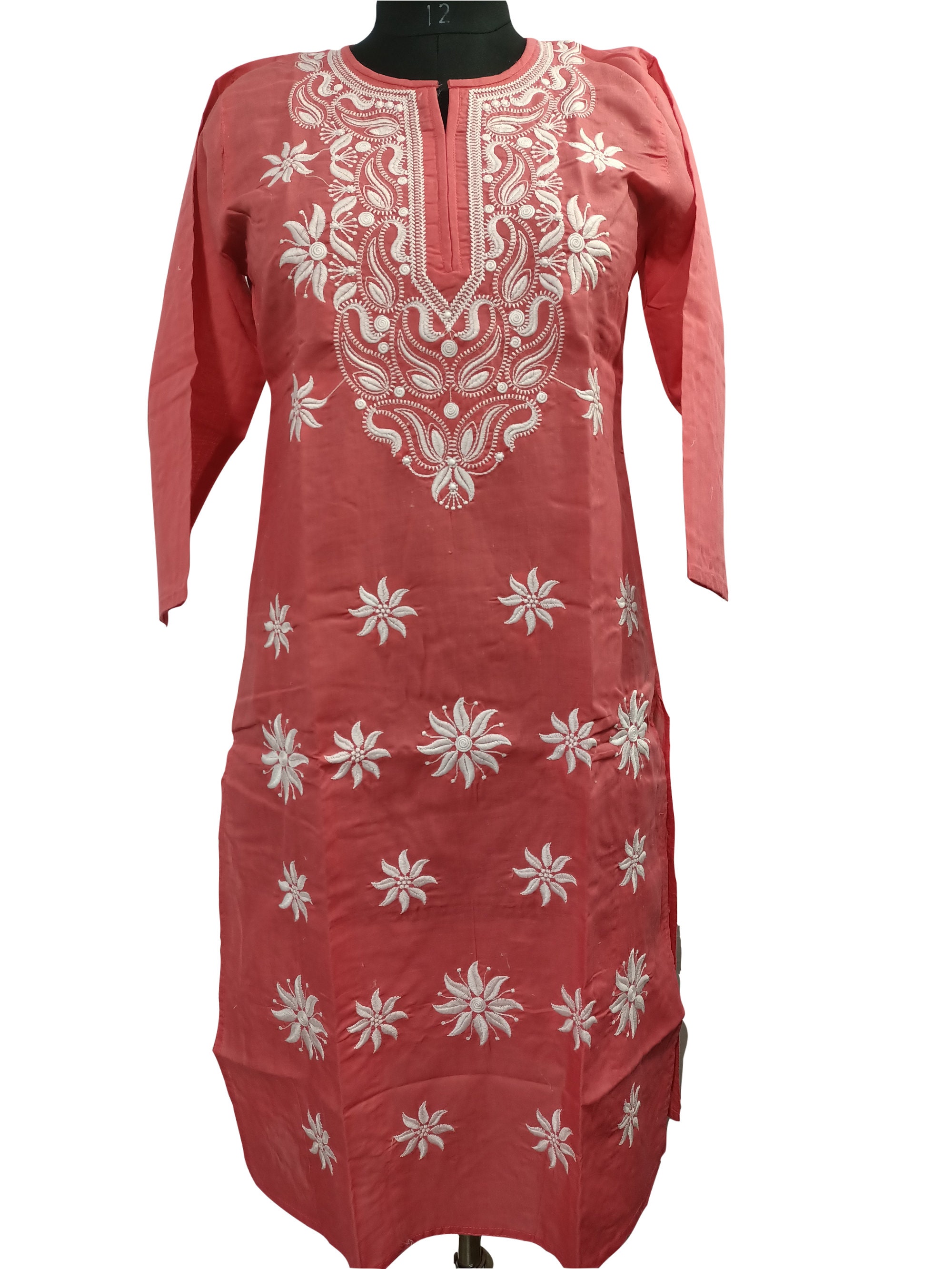 Chikan Embroidered Women Cotton Kurtis & Pants Set,Light Red Cotton