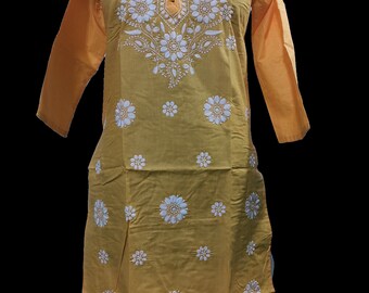 Knee Length Women Cotton Kurta, Lucknowi Chikankari Shirt Dresses For Ladies, Beautiful Mustard Yellow Round Floral Women Kurtis