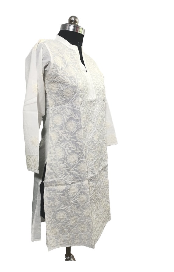 White Kurti for Women Lucknowi Chikankari Full Front Embroidery