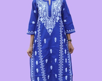 Royal Blau Chikankari Baumwolle Kurta Frauen, Kashmiri Pan Stickerei Kleid für Erwachsene Mädchen, vorgefertigte Sommer Kameez, Eid Festival Wear langes Top